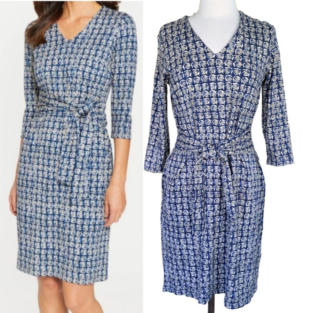 J. McLaughlin Aya Blue Floral Block Print Tie Waist Dress Medium Bainbridge